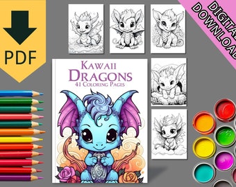 41 Kawaii Dragons Printable Coloring Pages Cute Kawaii Animals Baby Dragons Printable coloring book Kids Activity Fun Gift Idea Instant