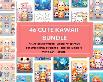 46 Kawaii Squishmallow 20oz Skinny Tumbler Wrap Bundle, Rainbow cute baby Bugs, Fish, Birds, animals, food Sublimation Cute Kawaii style PNG