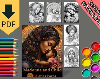 11 kleurboekpagina's Madonna & Child Black Queen Edition Digitale pdf-download Afdrukbare Afrikaanse vrouw voor volwassenen Terug naar school herfstkunst