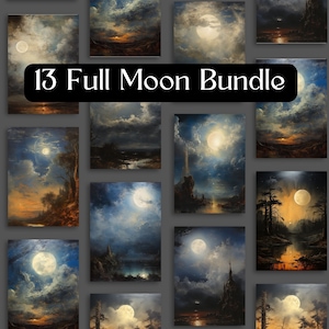 13 Vintage Full Moon Oil Painting Wall Art Bundle, Vintage Home Decor, Full Moon Wall Art, PNG Instant Download, Fall Theme Art, Landscapes