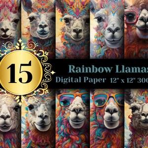 15 Rainbow Lama digitale papierbundel, Rainbow Lama cadeau-ideeën sublimatie PNG, Instant Download, psychedelische lama, lama in zonnebril PNG