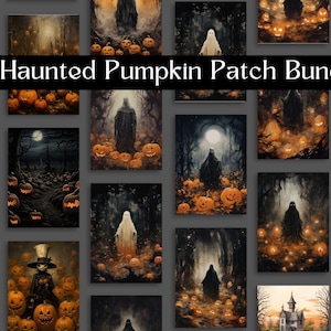 24 Dark Vintage Haunted Pumpkin Patch Wall Art Bundle, Halloween Theme Wall Art, Fall Pumpkin, Haunted Ghosts Spooky Pumpkin Patch, Digital