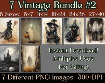 7 Vintage Halloween Oil Painting Wall Art Print Bundle, Halloween Theme, Gothic Prints, Witchy Vibes, Ghosts, Black Cats, Fall Home Decor