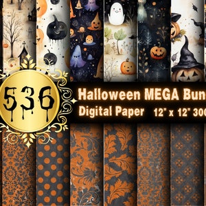 Méga lot de papier numérique Halloween, gravures gothiques, gravures automne, sorcière, néon, sublimation de citrouille, papier numérique, 12 x 12 pouces, Halloween PNG
