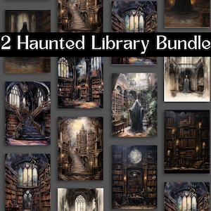 May include: A digital collage of 12 images depicting a haunted library. The images feature dark, gothic architecture, bookshelves filled with books, and mysterious figures. The text "12 Haunted Library Bundle" is displayed at the top of the collage.