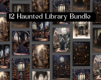 12 Haunted Halloween Library Wall Art Bundle, Wall Art, Ghost, Spooky, Dark Gothic Library, Vintage Wall Decor, Horror, goth, PNG, Book Fall