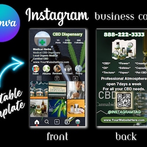 Cartão de negócios CBD Hemp Cannabis Dispensary, Smoke Shop, DIY Canva, modelo editável, cartões de visita CBD, download instantâneo, cartões do Instagram ig