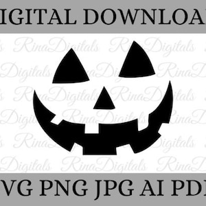 May include: A black and white digital download graphic featuring a jack-o'-lantern face. The design includes triangular eyes, a triangular nose, and a wide, toothy grin. The text "DIGITAL DOWNLOAD" is at the top, and "SVG PNG JPG AI PDF" is at the bottom.