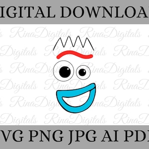 May include: A digital download of a cartoon character's face. The character has a blue smile, two large black eyes, and a red eyebrow. The character's face is white. The text "SVG PNG JPG AI PDF" is at the bottom of the image.