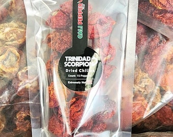 Pimentas secas Trinidad Scorpion - Nível de ardência extremamente alto, totalmente naturais, contém 15 pimentas. Mais de 1.200.000 SHU em média.
