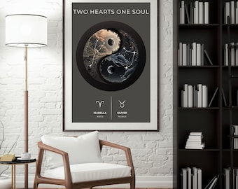 Personalized Zodiac Yin-Yang Couple Poster Custom Star Sign Art for Couples Star Sign Gift for Couples Two Hearts, One Soul Astrology Print