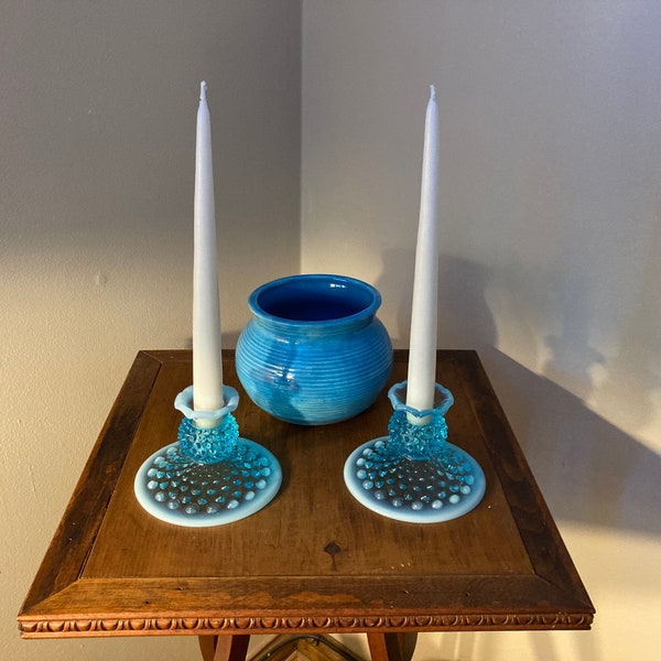 Pair of Blue Hobnail Candlestick Holders