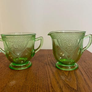 Vintage Green Depression Glass Creamer and Sugar Bowl
