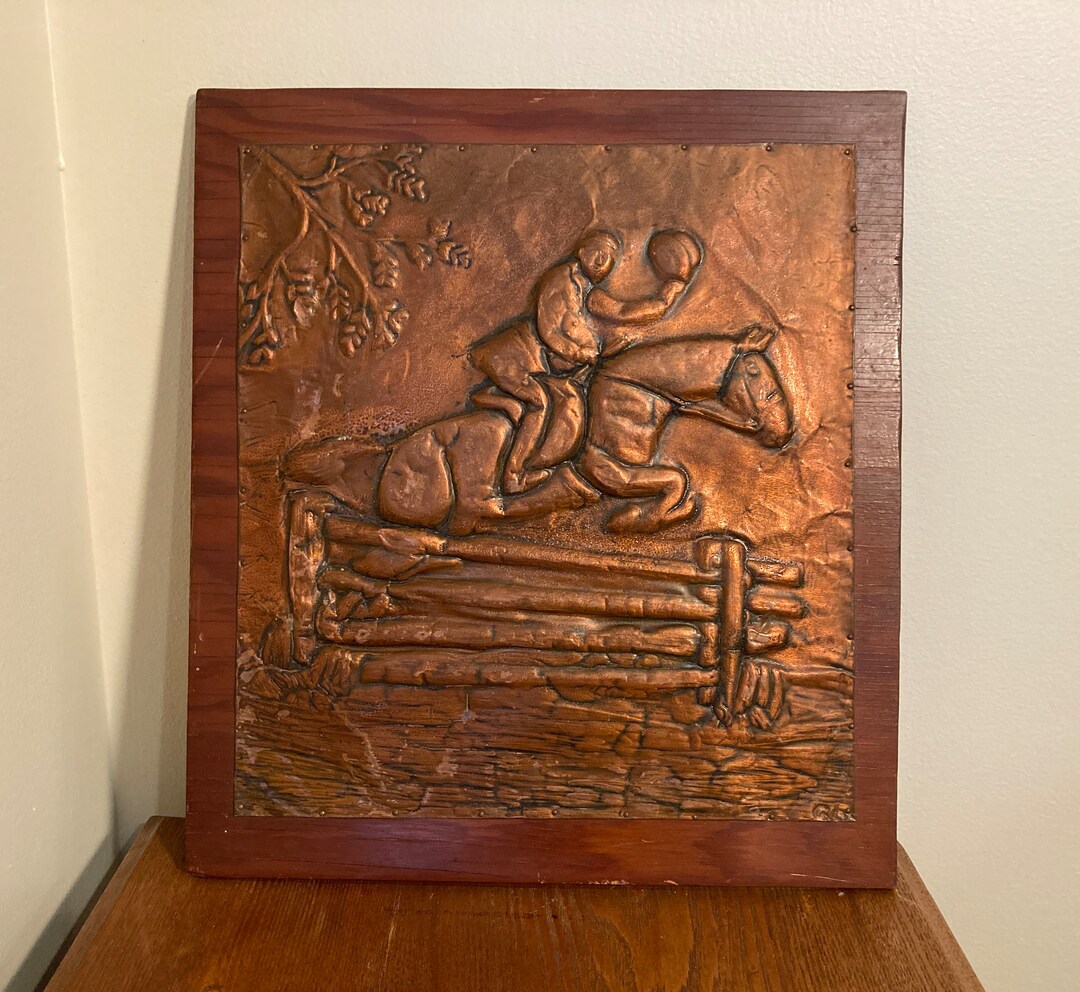 Vintage Embossed Copper Art Horse With Rider Jumping Fence Etsy