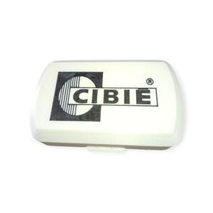 May include: A white rectangular automotive part with rounded edges. The black logo "CIBIE" is printed on the top, with a stylized "C" and vertical lines. The registered trademark symbol is next to the logo.