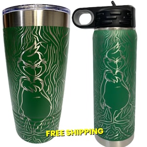 Merry Grinchmas Full Wrap engraved on 20oz Green Tumbler & Water Bottle Christmas, Grinchmas, Fun Cups.