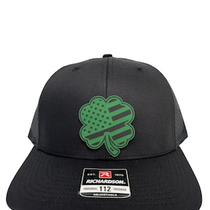 Shamrock American Flag Leather Patch Trucker Hat - St. Patrick's Day Irish Baseball Cap