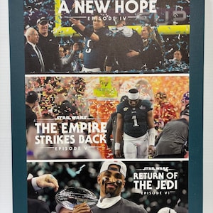 May include: A collage of three images featuring scenes from the Star Wars movies. The top image shows a group of people celebrating with confetti, the text "STAR WARS. A NEW HOPE EPISODE IV" is displayed. The middle image shows a football player in a green uniform with the text "STAR WARS. THE EMPIRE STRIKES BACK EPISODE V". The bottom image shows a football player holding a trophy with the text "STAR WARS. RETURN OF THE JEDI EPISODE VI".