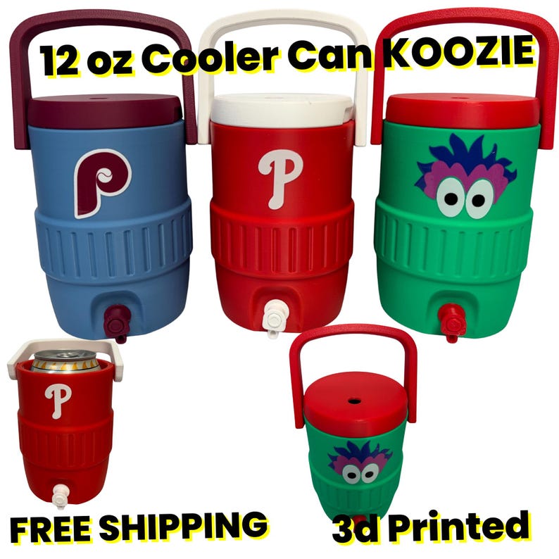 May include: Five 12 oz cooler can koozies with handles and spigots. Three are large, two are small. Colors include blue, red, and green. Designs feature a maroon P logo, a white P logo, and a purple and blue monster face with white eyes.