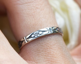 Flat Floral .925 Sterling Silver Stacking Ring - Dainty Antique Patina Comfort Band with Flowers + Leaf Pattern - Lightweight and Comfy!