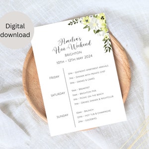Itinerario de fin de semana de gallinas digital, plantilla de despedida de soltera, itinerario de despedida de soltera, invitación de despedida de soltera, itinerario de despedida de soltera digital