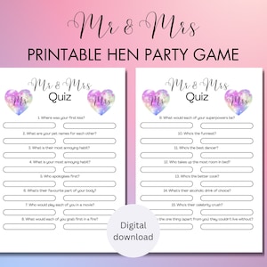 Mr & Mrs Quiz, Digital Hen Party Game, Mr and Mrs Game Printable, Bachelorette Game Mr and Mrs, Printable Hen Party Game