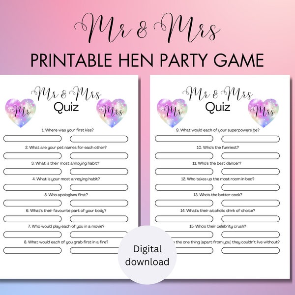 Mr & Mrs Quiz, Digital Hen Party Game, Mr and Mrs Game Printable, Bachelorette Game Mr and Mrs, Printable Hen Party Game