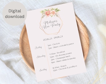 Boho Hen Party Itinerary Template, Editable Hen Do Invitation (Digital Download)