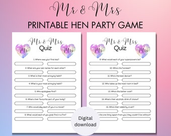 May include: A printable Mr. & Mrs. quiz game for a hen party. The game features two pink hearts with a rainbow glitter design and the text "Mr. & Mrs. Quiz" in black. The questions are printed in black text on a white background.