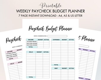May include: Printable weekly paycheck budget planner with sections for income, expenses, bills, and debt. The planner has a light blue and pink color scheme and includes columns for budget and actual amounts.