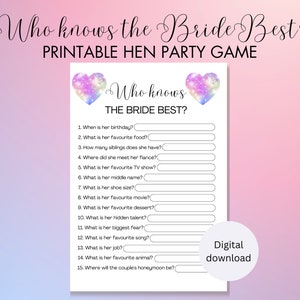 Who Knows The Bride Best Game, Digital Hen Party Game, Who Knows The Bride Best Printed, Printable Hen Party Game, Bride Hen Party Game