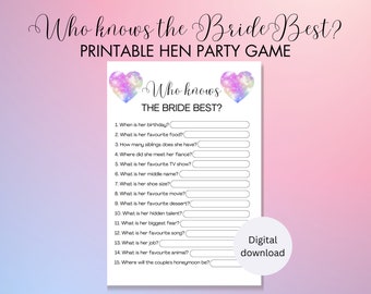 Who Knows Bride Best Game, Printable Hen Party (Digital Download)