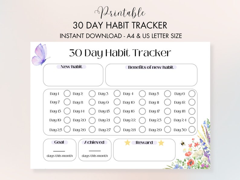 30 Day Habit Tracker Printable, Floral Daily Habit Tracker PDF ...