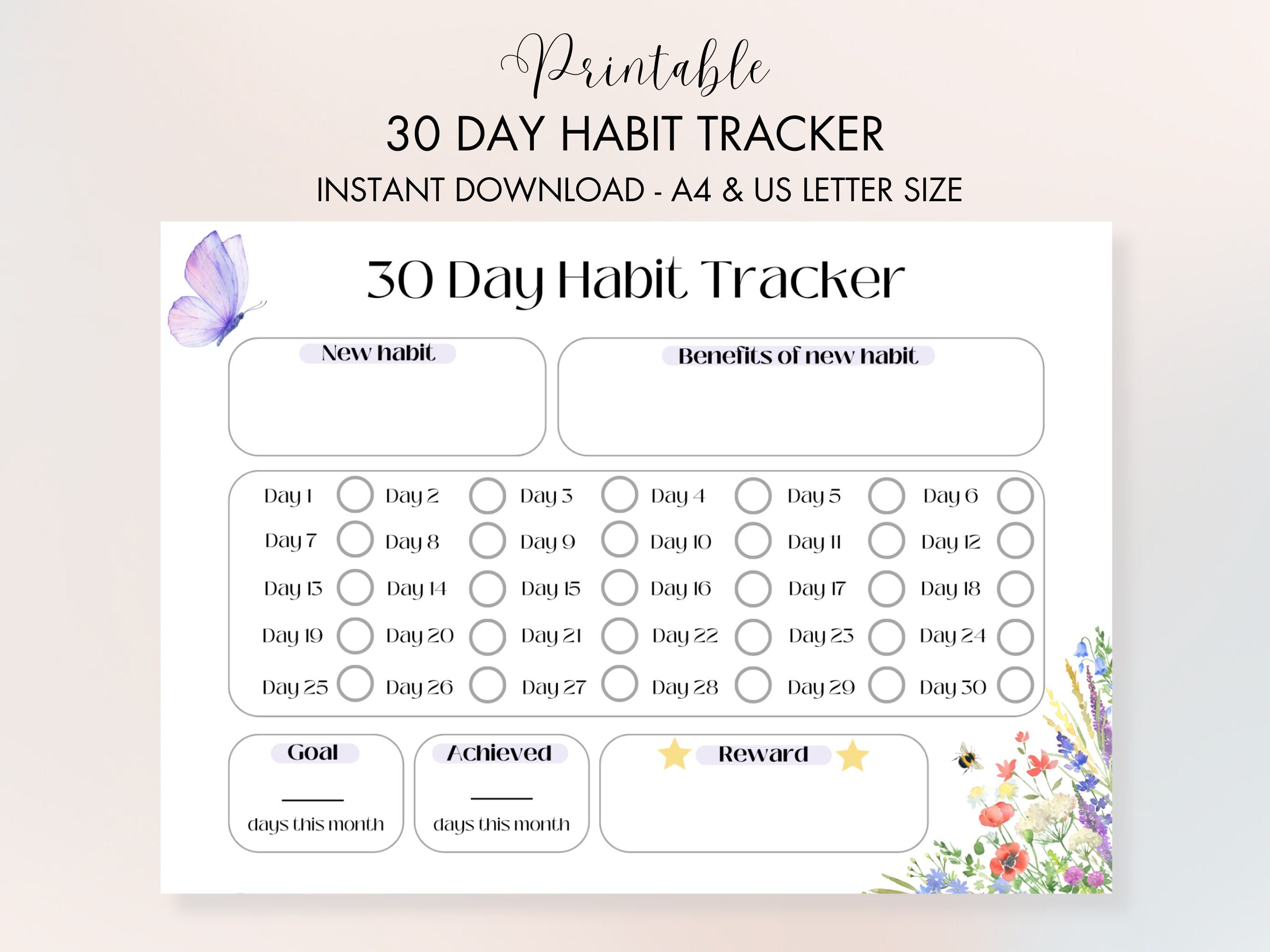 30 Day Habit Tracker Printable, Floral Daily Habit Tracker PDF ...