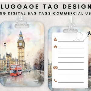Watercolour London Luggage Tag Template Big Ben Luggage Tag Sublimation Design Template Digital Download Commercial Use Luggage Tag clipart