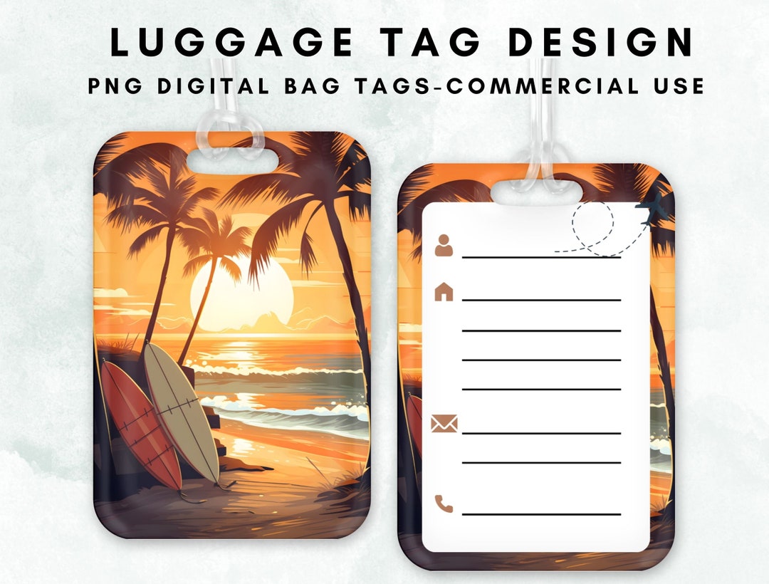 Summer Beach Luggage Tag Clipart Bag Tag Sublimation Design Template Sunset Beach Surfing