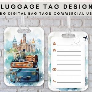 Watercolor Castle and Suitcase png, Luggage Tag Template, Magic kingdom png, Printable luggage tag, Sublimation transfer, PNG, Clipart