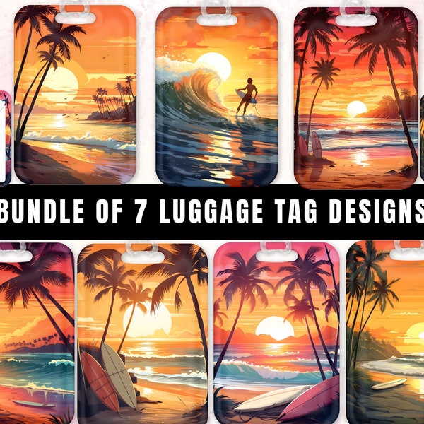 Summer Beach Luggage Tag Clipart Bag Tag Sublimation Design Bundle of 7 Template Sunset Beach Surfing Personalized Luggage Tag Template PNG