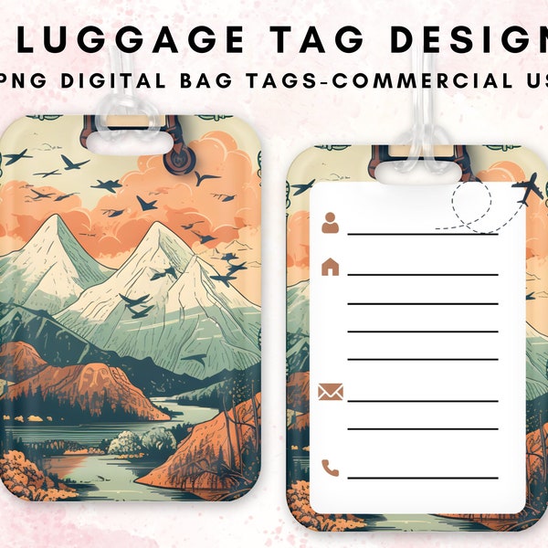Vintage Mountain Luggage Tag Clipart Bag Tag Sublimation Design Template Mountain and River Personalized Luggage Tag Template Travel png