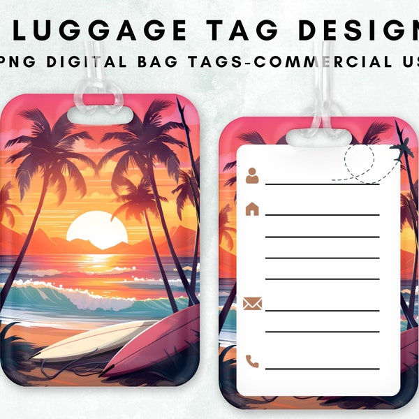 Summer Beach Luggage Tag Clipart Bag Tag Sublimation Design Template Sunset Beach Surfing Personalized Luggage Tag Template PNG Design 3