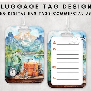 Aquarel Mountain Bagagelabel Clipart Bag Tag Sublimatie Ontwerpsjabloon Berg en koffer gepersonaliseerde bagagelabelsjabloon