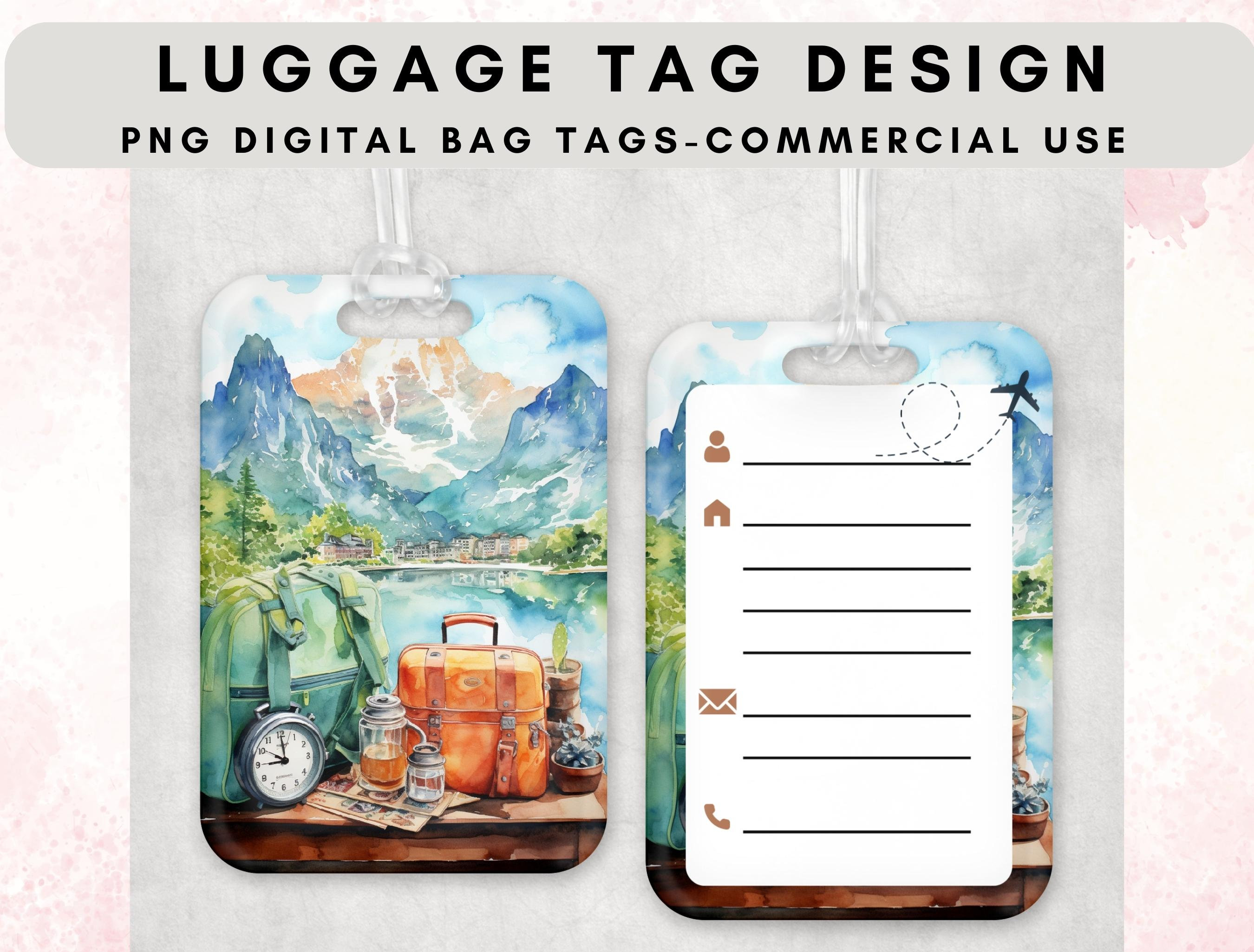 Watercolor Mountain Luggage Tag Clipart Bag Tag Sublimation Design Template Mountain and Suitcase Personalized Luggage Tag Template Etsy