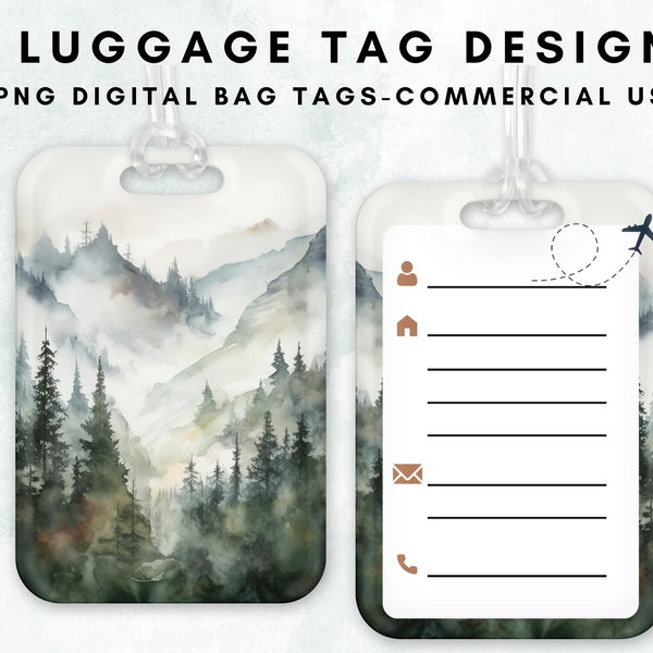 Watercolor Mountain Luggage Tag Clipart Bag Tag Sublimation Design Template foggy Mountain and forest Personalized Luggage Tag Template
