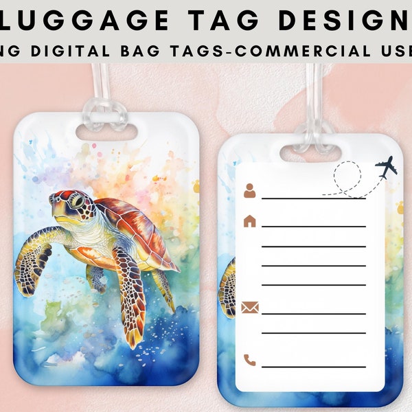 Watercolor Sea Turtle Luggage Tag Sublimation Design, Watercolor turtle png, Printable bag tag templates, turtle clipart luggage tag, POD