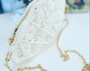 White Knitted Wicker Mussel Mesh Bag Perfect Summer Gift Handmade Handbag