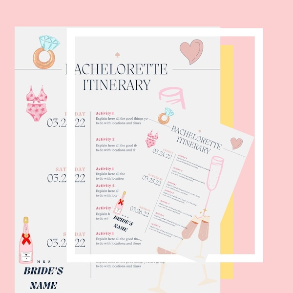 Bachelorette Party Itinerary, Bridal Weekend Schedule, Hen Night Timeline, Bride-to-Be Agenda, Wedding Party Planner