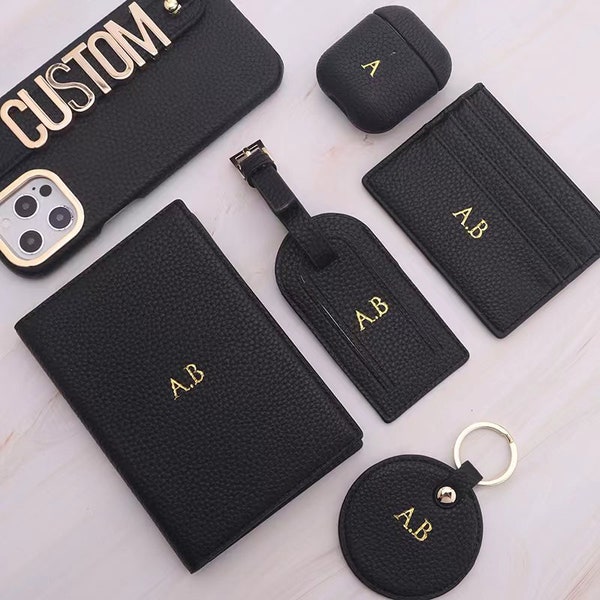 Custom Gold Name Pebble Leather Fashion Bag and Accessories Set - ID Card Holder, Keychain, Luggage Tag and Passport Holder