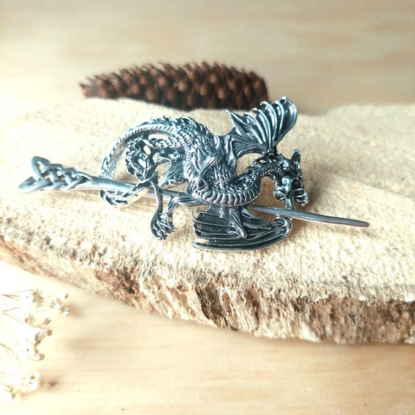 Hair clip, dragon brooch, spectacular fantasy jewellery silver dragon