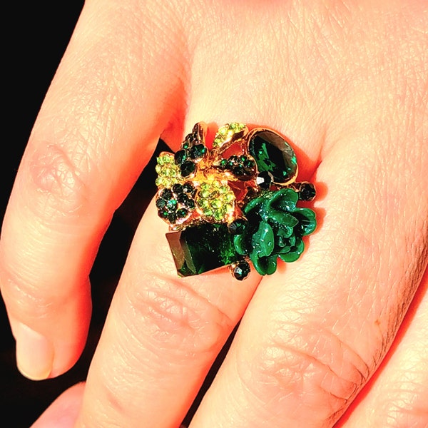 Bohemian spectacular ring with emerald stones sliding ring of universal size