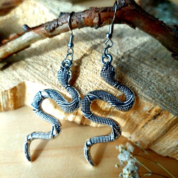 Unique Snake Earrings Silver Vintage Earrings 7cm Spectacular Stylish Earrings